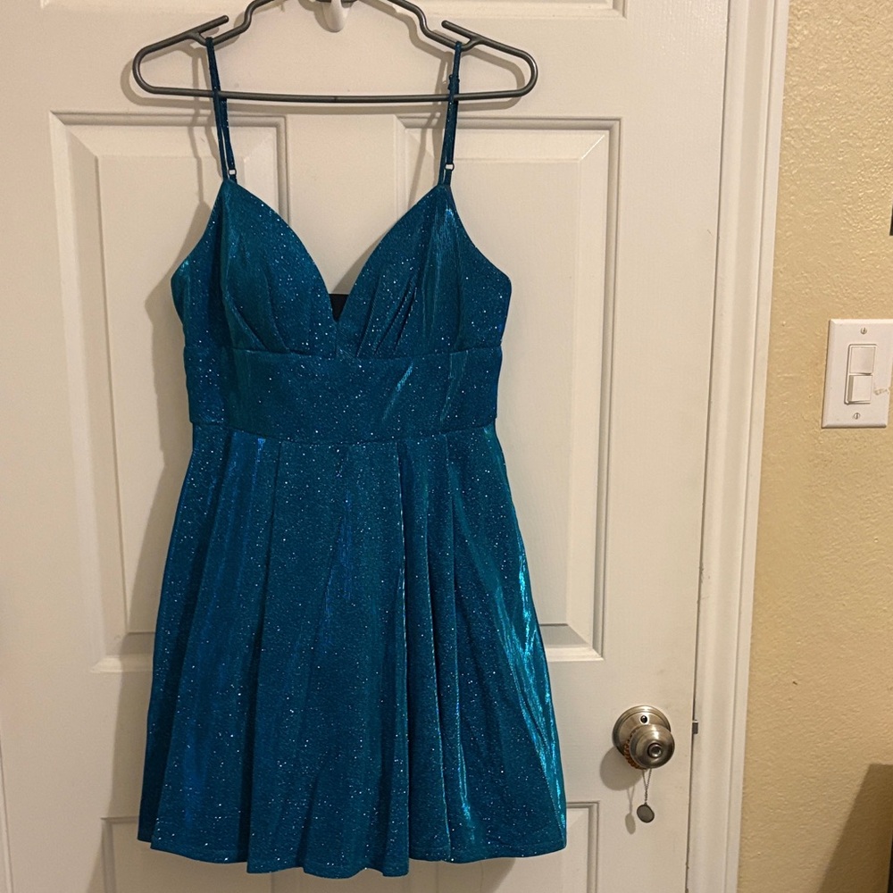 Sparkle Teal A-Line Spaghetti Strap Dress